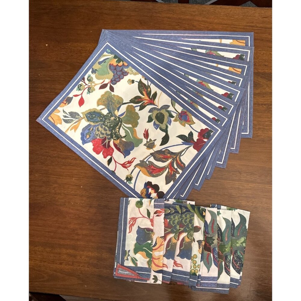 Vintage Hand Print Blue Placemats (13x9) and Napkins- Set of 8
